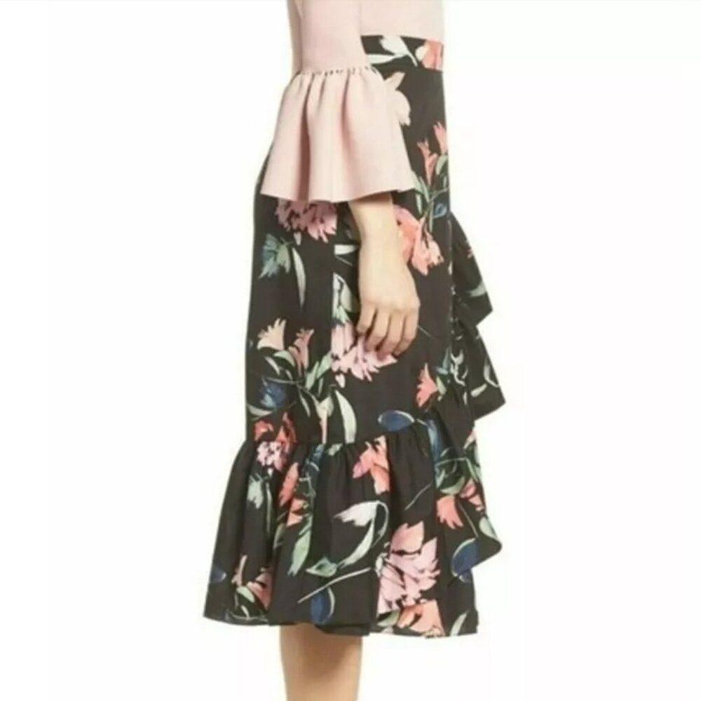 Eliza J Black Floral Taffeta Ruffle Flouncy Skirt. SZ 10 - Picture 2 of 5